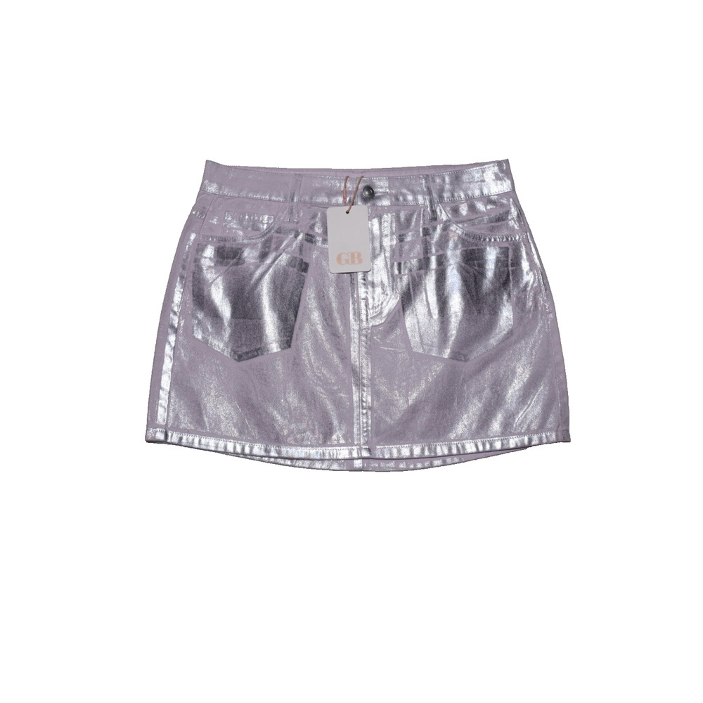 Gianni Bini Metallic Silver Lavender Denim Mini Skirt – Shiny Coated Finish-